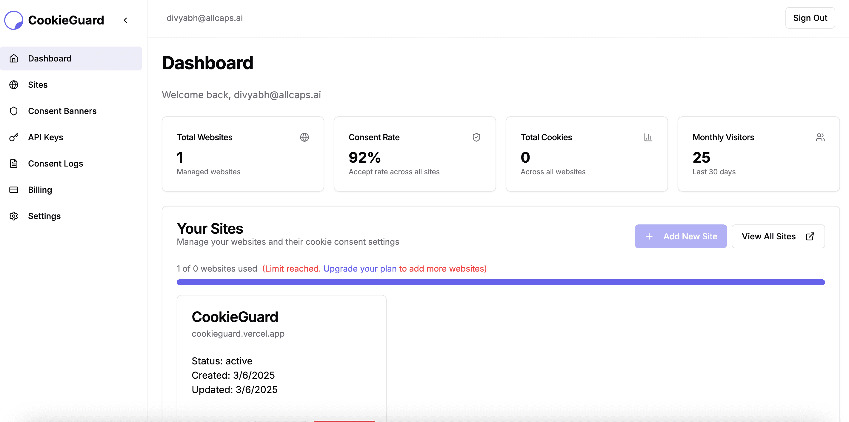CookieGuard dashboard screenshot